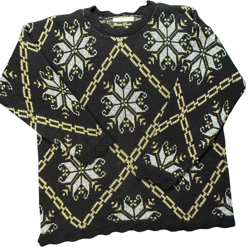 Dana Scott Black Gold Snowflake Chain Knit Sweater Large Made in USA‎
